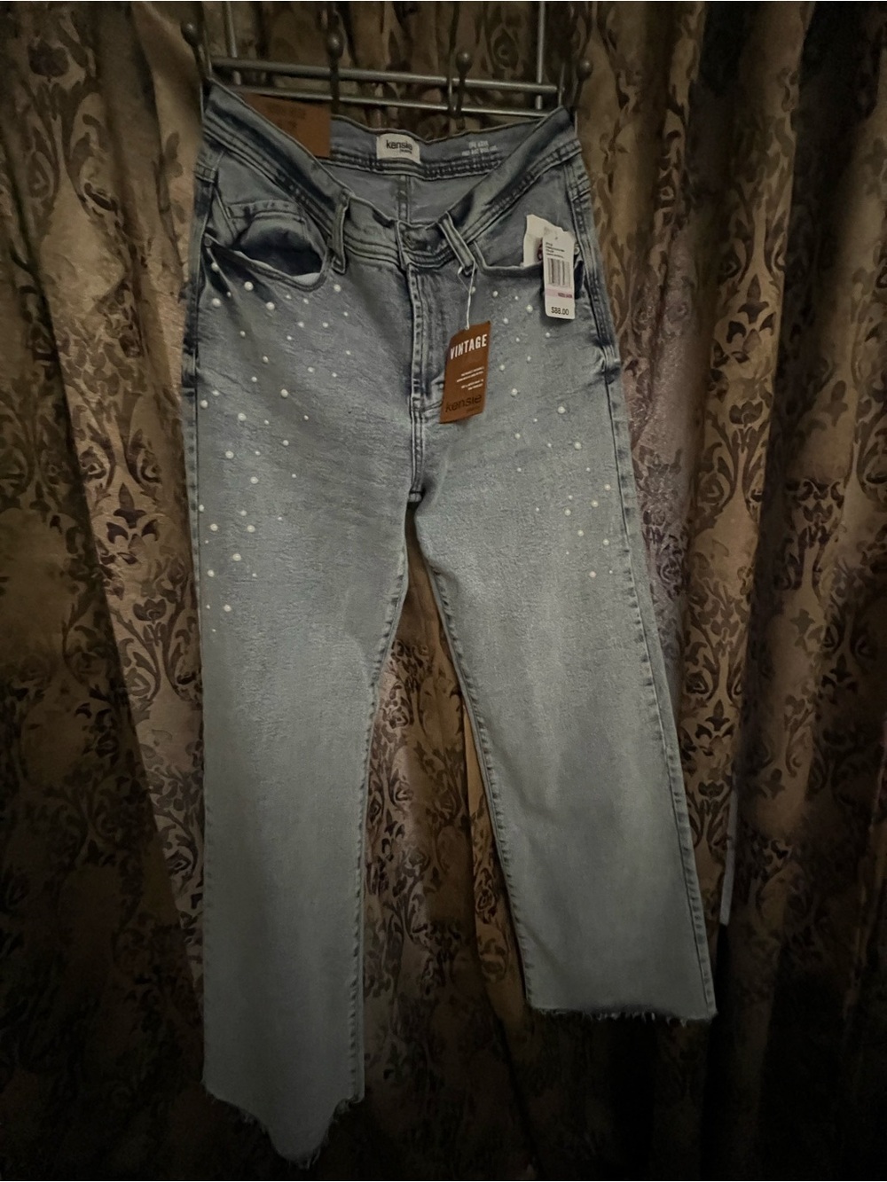 Kensie Light Blue High Rise Wide Leg Jeans with Pearl Accent